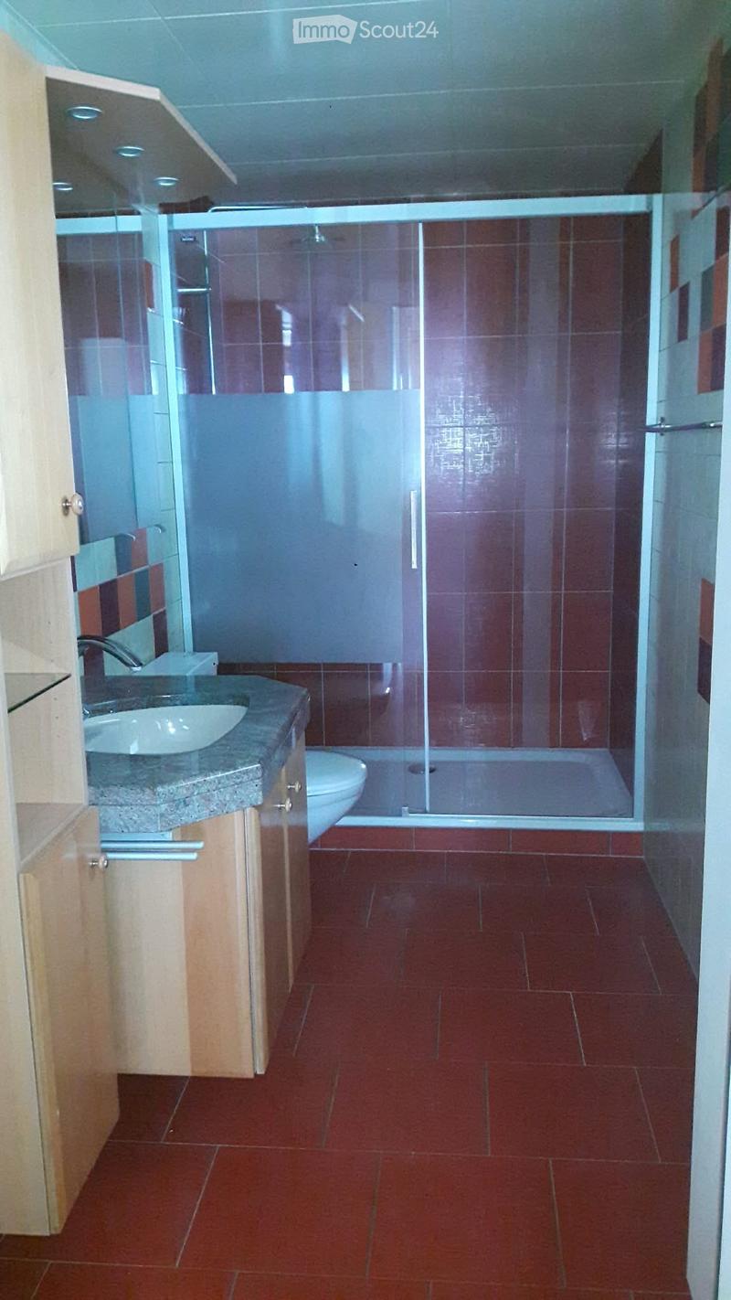 Modern bathroom with red tiled floor, granite countertop, sink, toilet, and glass-enclosed shower stall.