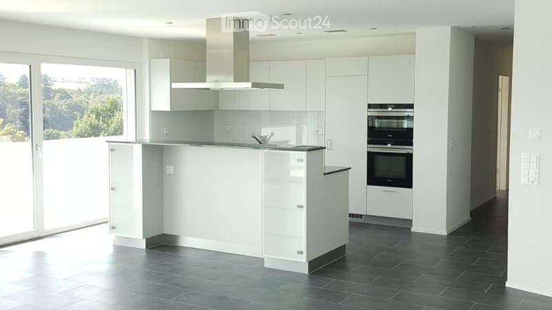 Modern kitchen with white cabinets, a central island, stainless steel range hood, and built-in ovens. Large windows offer a scenic view of greenery outside.