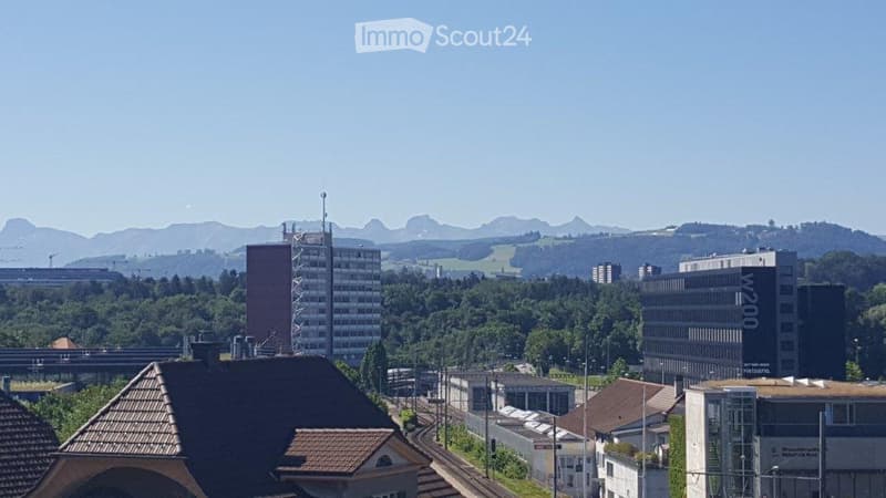 A panoramic view of a cityscape with a mix of modern and traditional buildings, surrounded by green fields and distant mountains under a clear blue sky.