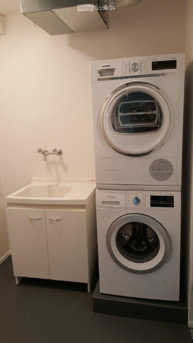 Compact bathroom with a white sink, small cabinet, and stacked Siemens washing machine and dryer unit.