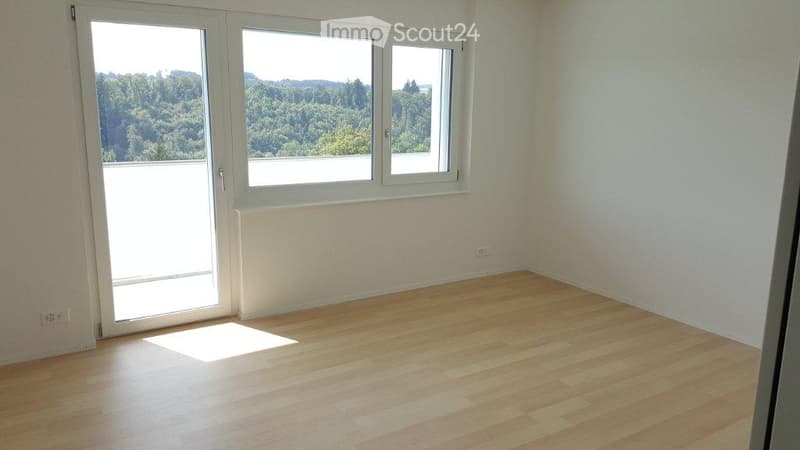 Empty room with wooden flooring, large windows, and a view of greenery outside.