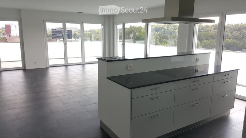 Empty kitchen with modern grey cabinets, dark countertops, and large windows overlooking a cityscape. No appliances or furniture present.