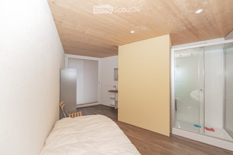 Modern bedroom with a wooden ceiling, white walls, and a large bed. Includes a glass-enclosed shower, a wardrobe, a small sink area, and a chair near the window.