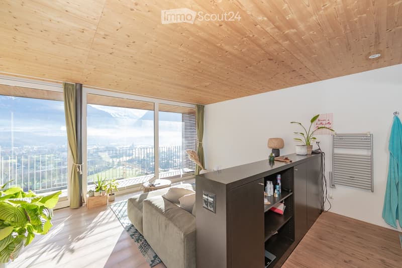 Bright living room with large windows offering a scenic view, featuring a sofa, small table, potted plants, and a cabinet with various items.