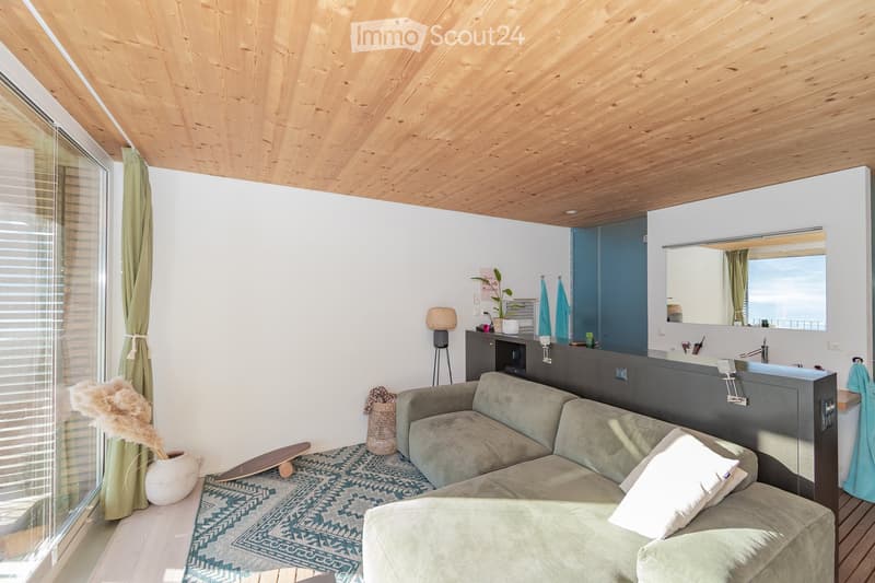 Modern living room with a grey sofa, coffee table, floor lamp, and a sleek cabinet with a sink and mirror. The room features a wooden ceiling, large windows, and a decorative plant on the cabinet.