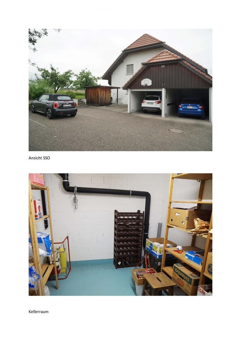 Two-story building with a garage, two parked cars, and a wooden shed. The lower image shows a storage room with shelves, boxes, and a wine rack.