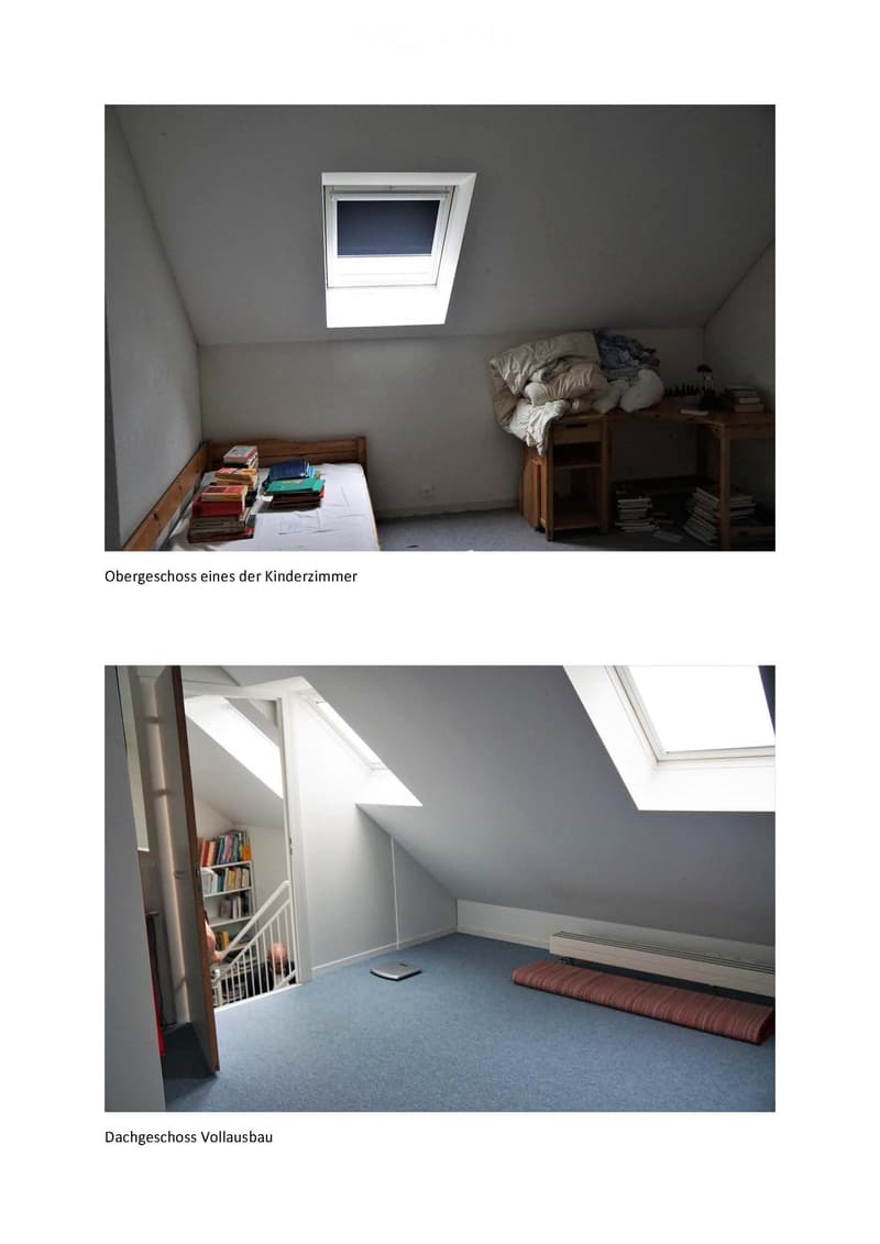 Empty attic room with slanted ceilings, skylight window, carpeted floor, radiator, and a small shelf with books visible in the adjacent room.