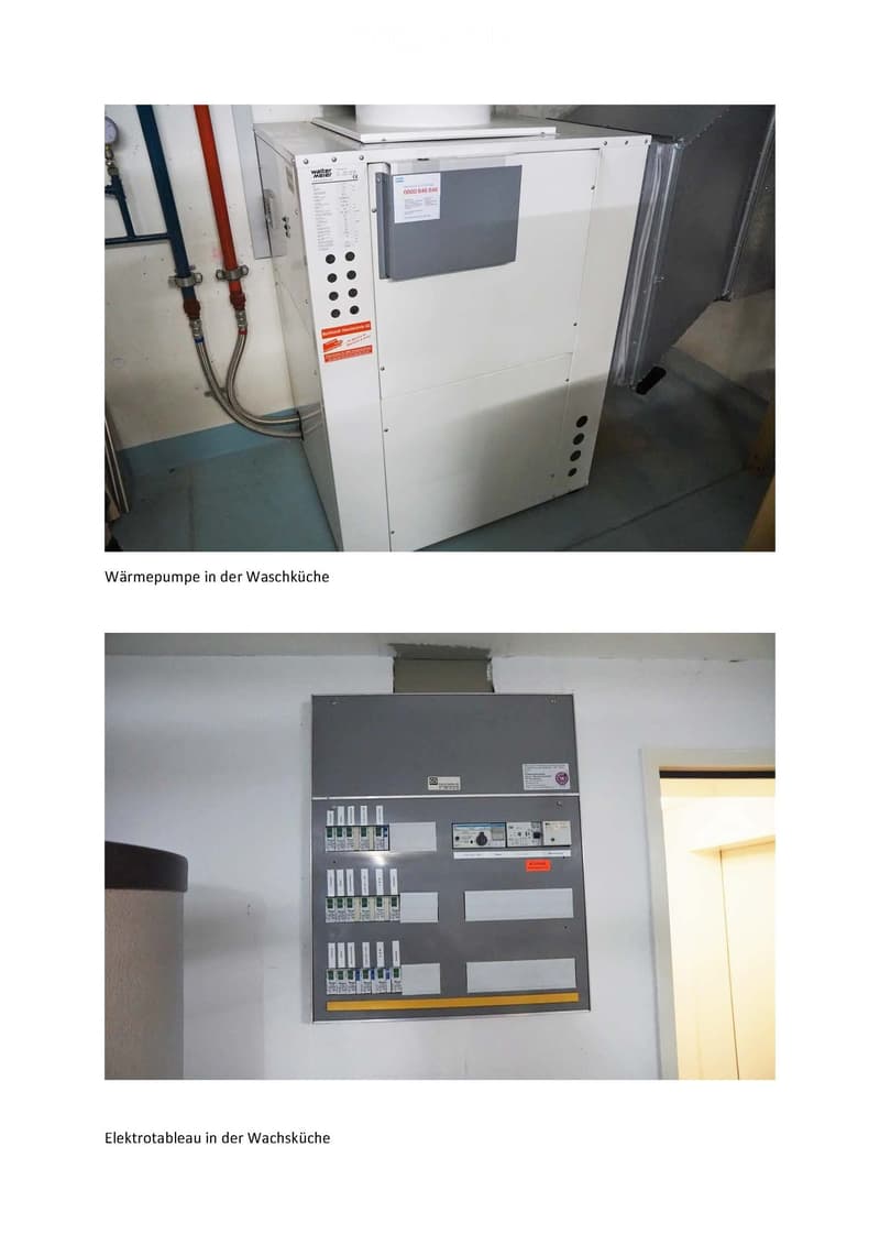 The image shows a utility room with a large white heat pump unit and an electrical panel with switches and labels.