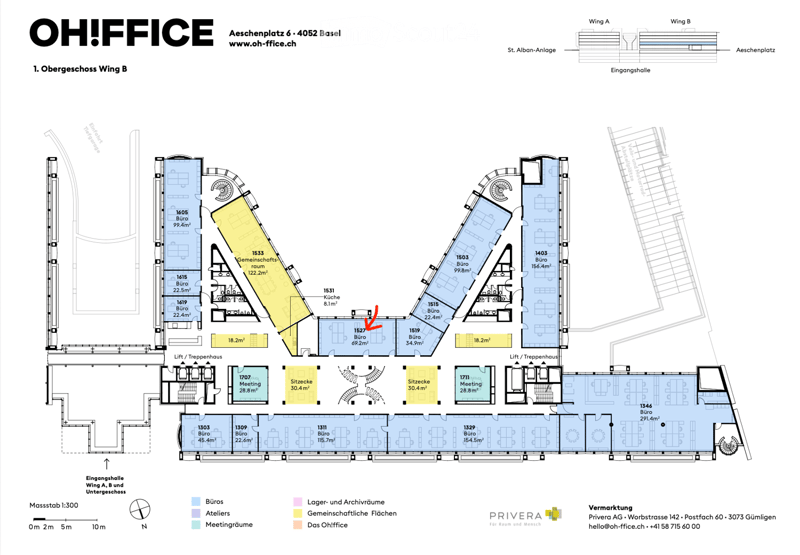 Floor plan of the first upper floor of Wing B, showing office spaces, meeting rooms, a kitchen, and communal areas.
