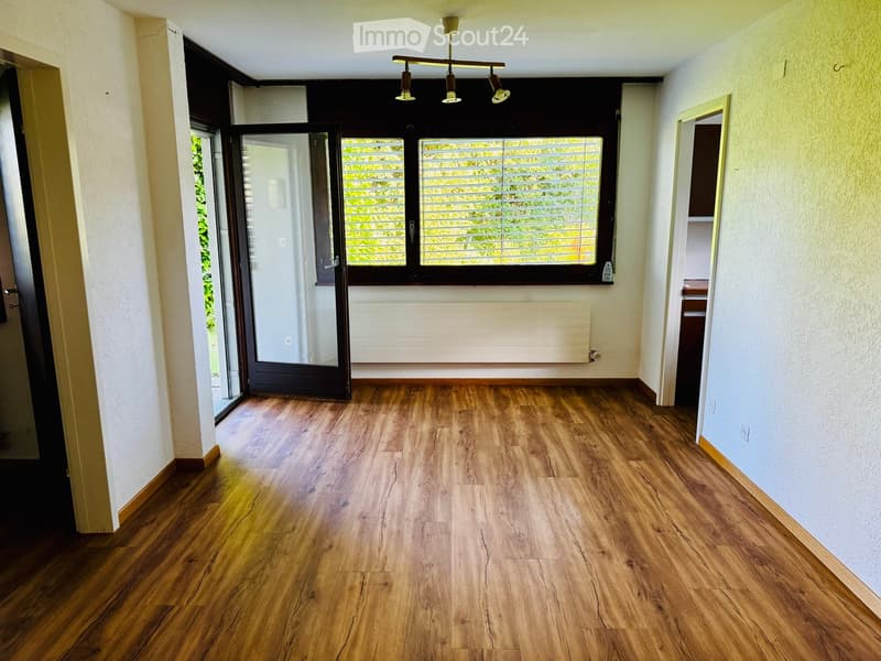 Empty room with wooden flooring, white walls, and a large window with blinds. The room features a radiator and a ceiling light fixture.
