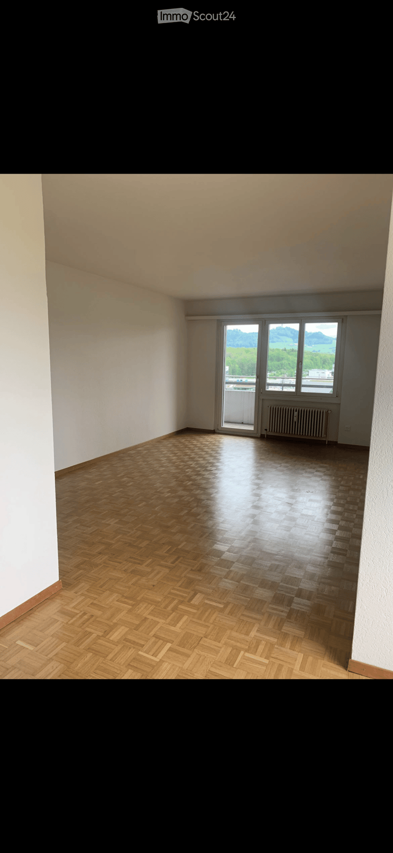 Empty room with wooden herringbone flooring, white walls, large windows with a view, and a radiator.
