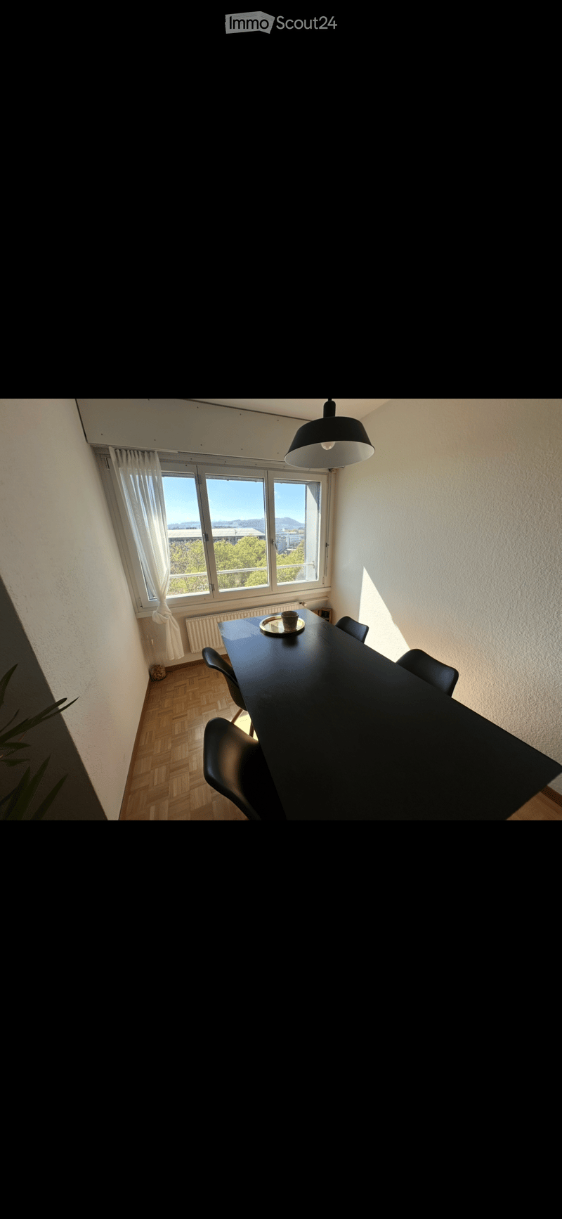 Bright dining area with a black dining table, chairs, a cup, and a radiator near a large window offering a scenic view.