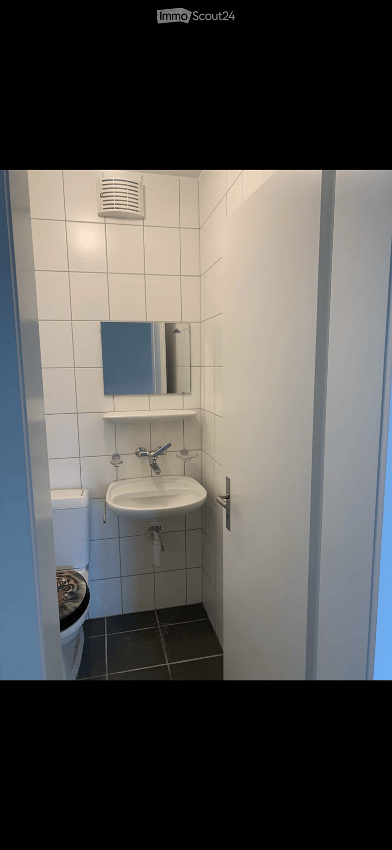 Modern bathroom with white tiled walls, a white sink with a chrome faucet, a mirror above the sink, and a toilet with a decorative tiger print seat cover.