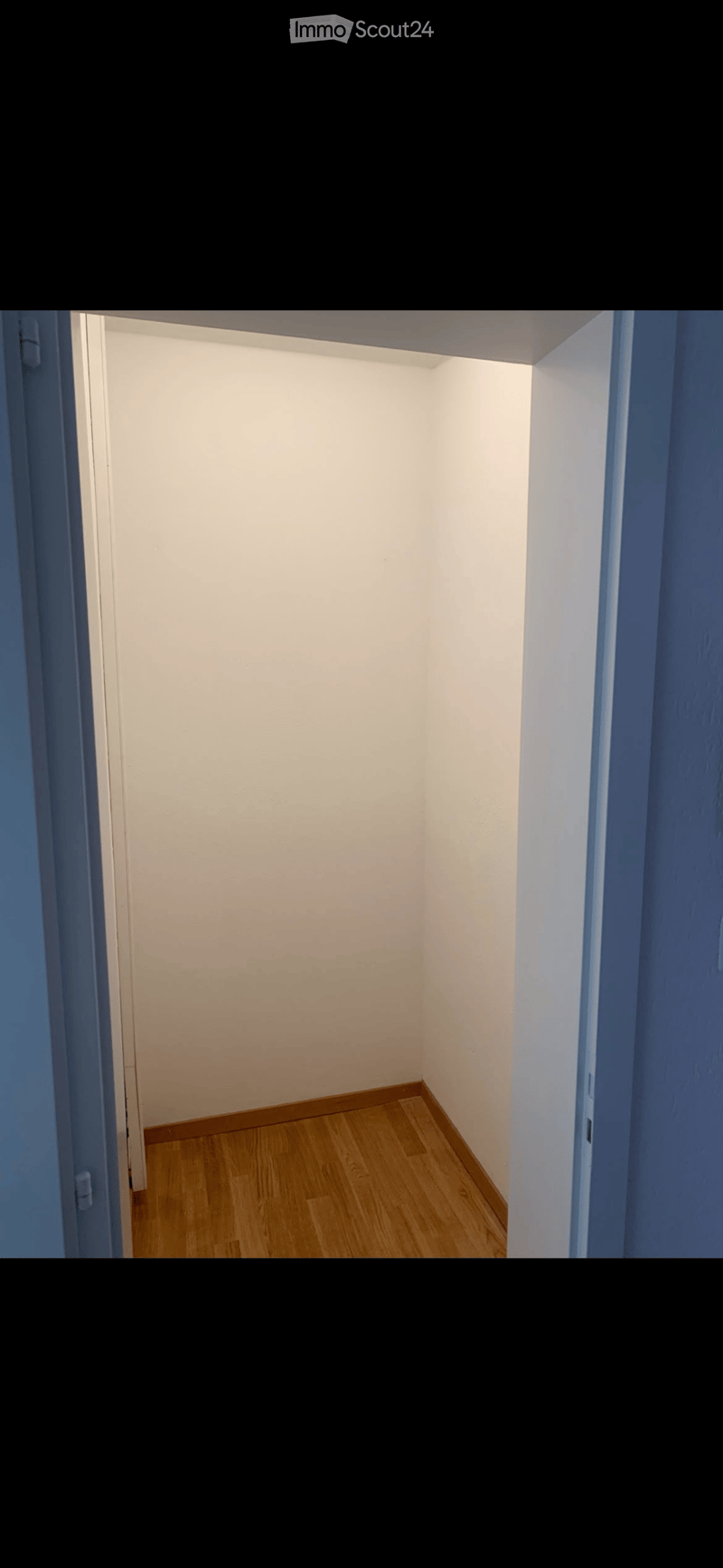 Empty room with light-colored walls and wooden flooring, viewed from an open doorway.