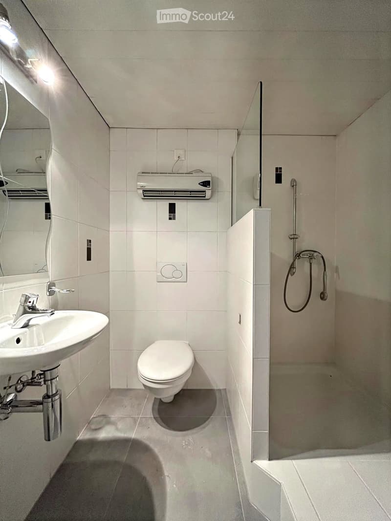 Modern bathroom with white tiles, a sink with a chrome faucet, a toilet, a shower hose, and an air conditioner unit mounted on the wall.