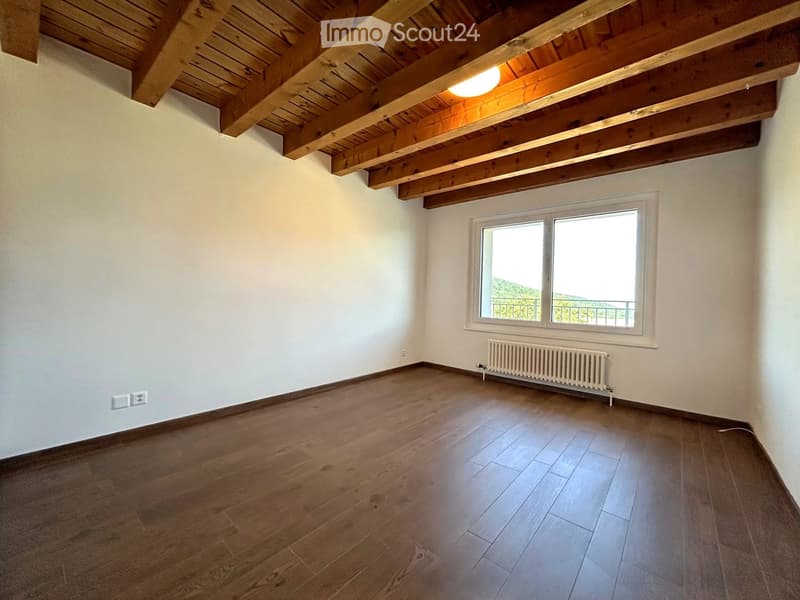Empty room with wooden flooring, white walls, exposed wooden ceiling beams, a window with a view, and a white radiator.