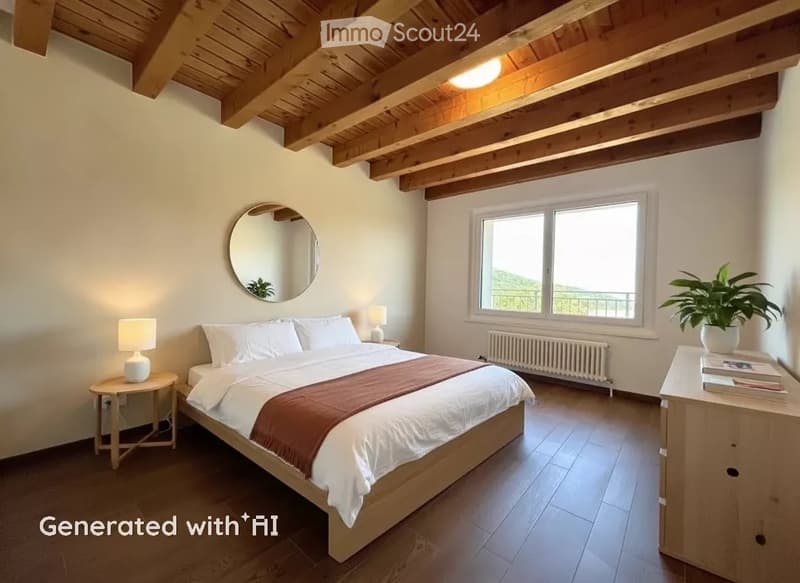 Cozy bedroom with wooden bed, nightstands, lamps, a round mirror, and a potted plant on a wooden table, overlooking a scenic view through large windows.