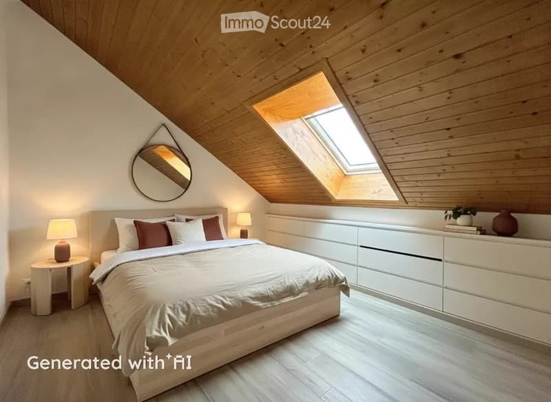Cozy attic bedroom with wooden slanted ceilings, skylight windows, a large bed with pillows and blankets, nightstands with lamps, a dresser, and decorative items.