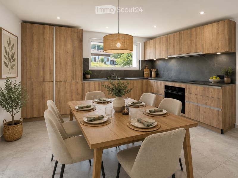 Modern kitchen with wooden cabinets, a dining table set for six, and a large window overlooking a garden.