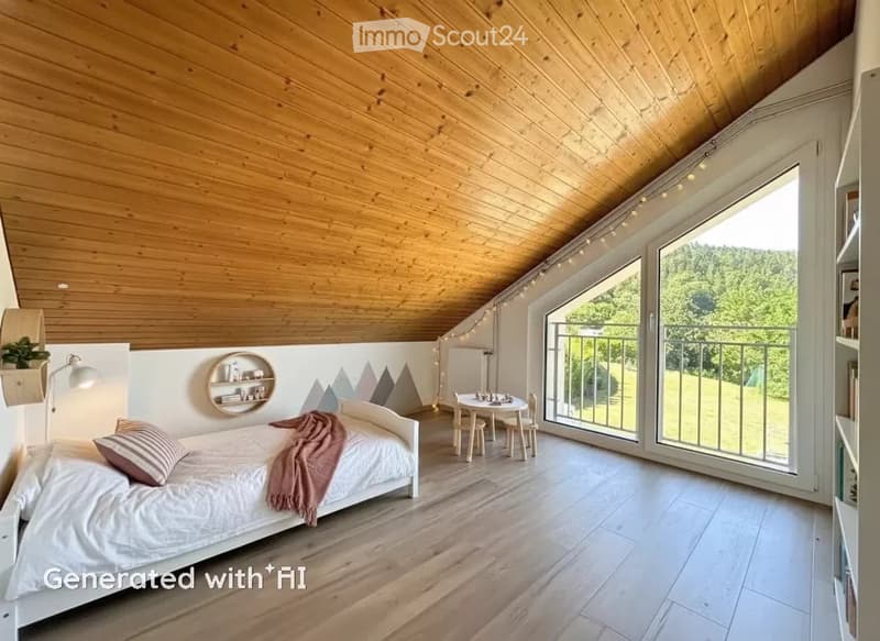 Bright, modern bedroom with wooden ceiling, large windows offering a scenic view, a neatly made bed, a small round table with chairs, and a decorative shelf.