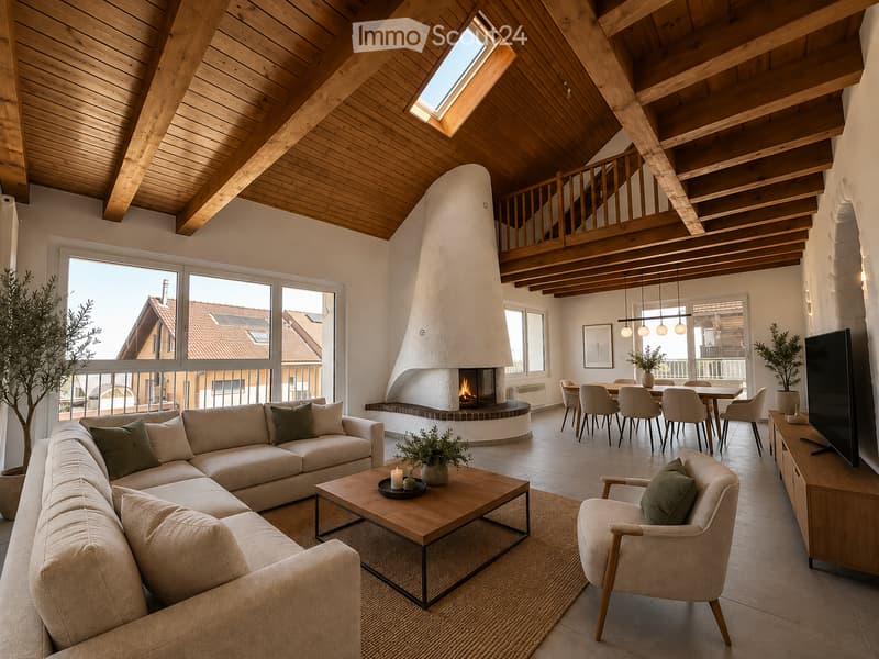 Modern living room with exposed wooden beams, a large fireplace, a sectional sofa, coffee table, armchair, dining area with chairs and table, and a TV stand.