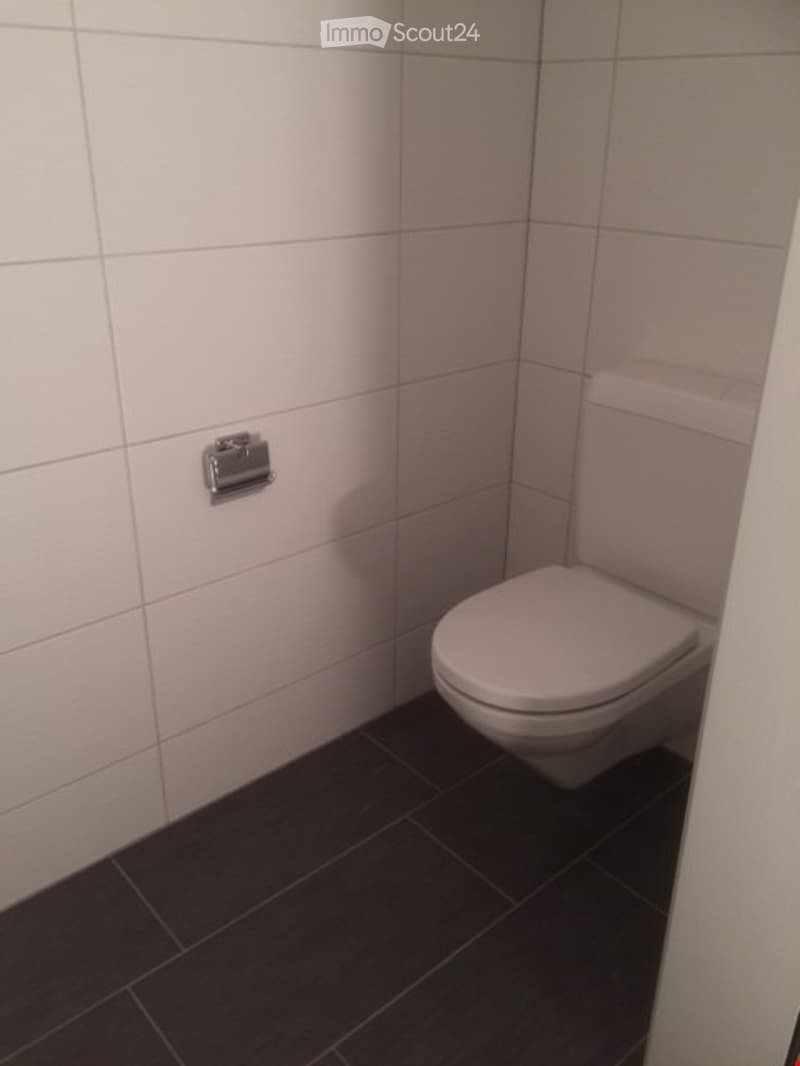 Modern bathroom with white tiled walls, dark tiled floor, and a white toilet.
