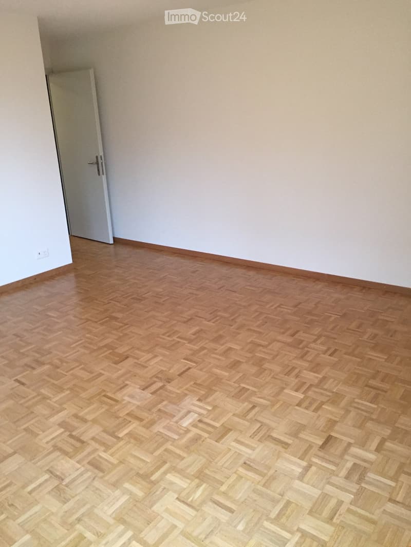 Empty room with light wooden herringbone flooring and white walls. A single door is visible on the left side.
