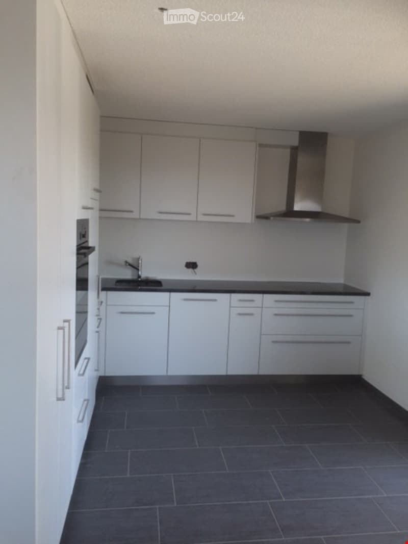 Modern kitchen with white cabinets, black countertops, and a stainless steel range hood. Features a sink with a faucet and an oven built into the cabinetry.