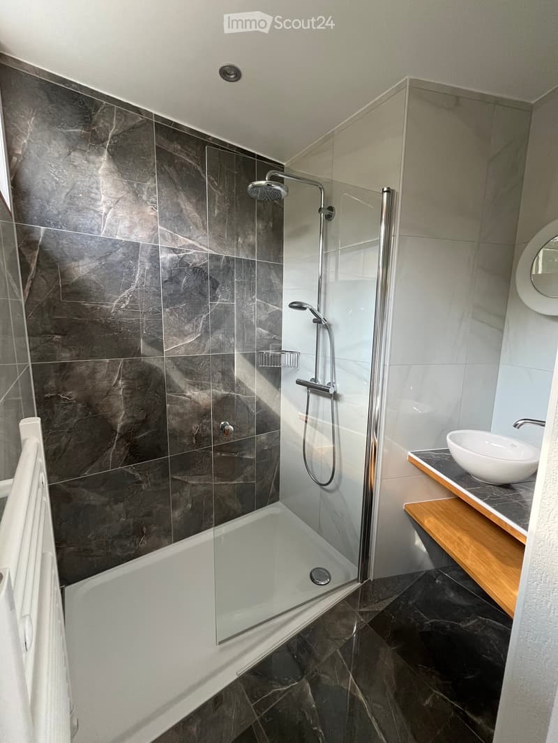 Modern bathroom with a bathtub, glass-enclosed shower, and a sink with a modern faucet. The walls are tiled in dark grey marble, and the floor is also tiled in dark grey marble.