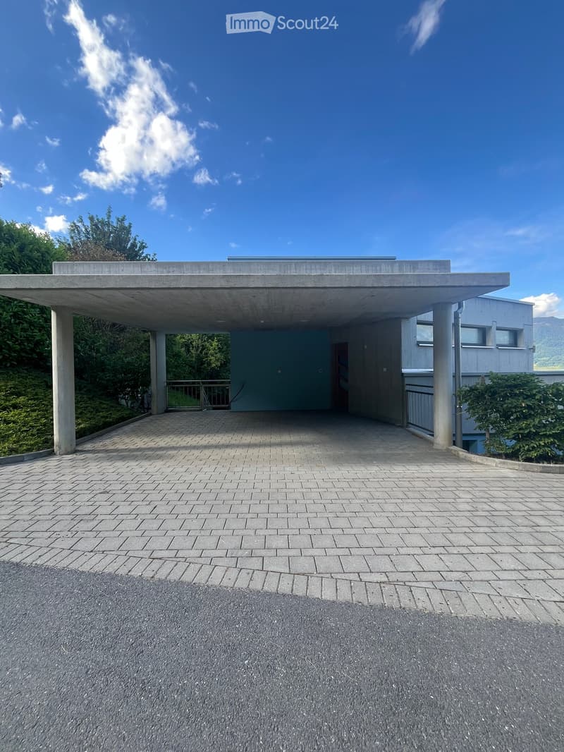 Modern two-story house with a flat roof, covered entrance area, and brick driveway.