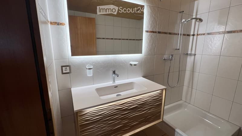 Modern bathroom with a white sink, wooden vanity, mirror, and a shower area with a handheld showerhead.