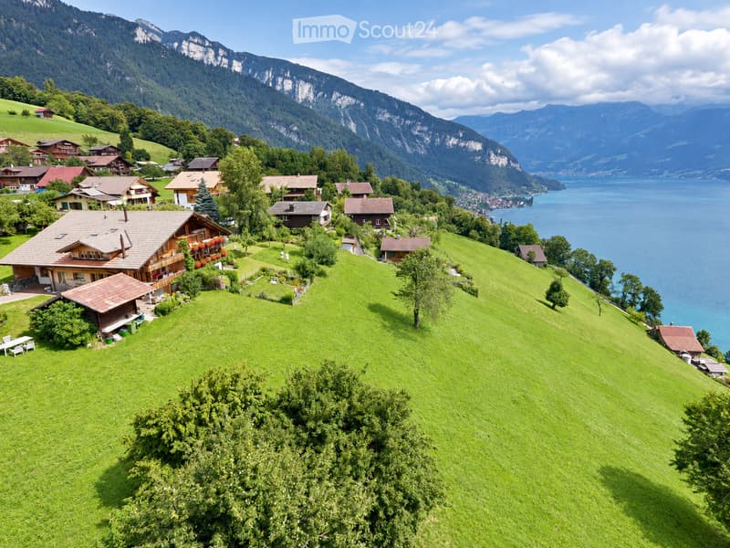 A picturesque village nestled in a lush green valley with traditional wooden houses, surrounded by mountains and a serene lake in the background.