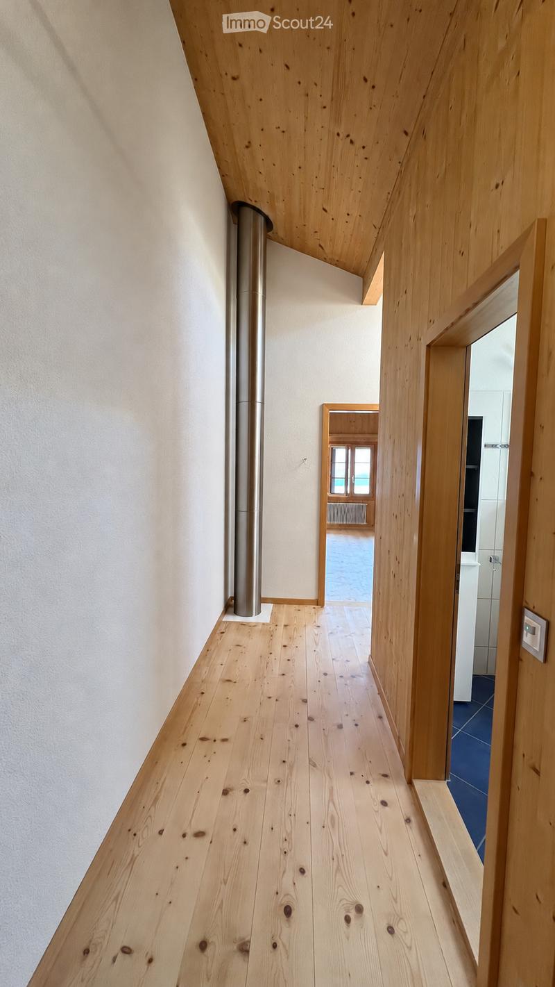 A modern hallway with light wooden flooring, white walls, and a visible metal pipe on the left side. The hallway features wooden doors and a glimpse of a room with blue flooring and white walls in the background.