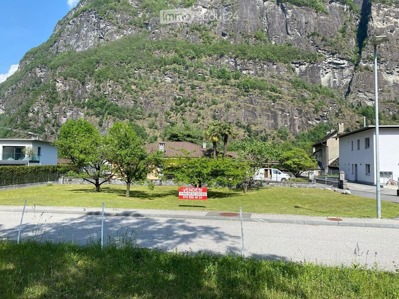 A well-maintained lawn with trees and a sign advertising a property for sale, with a large rocky mountain in the background.