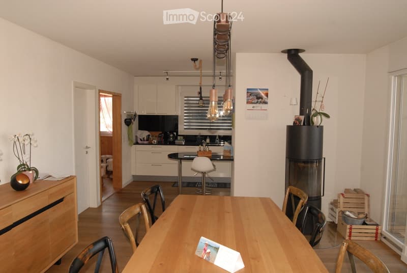 Open-plan living and dining area with a wooden dining table, chairs, a kitchen area with cabinets and a counter, a modern fireplace, and decorative items including a vase and picture frame.
