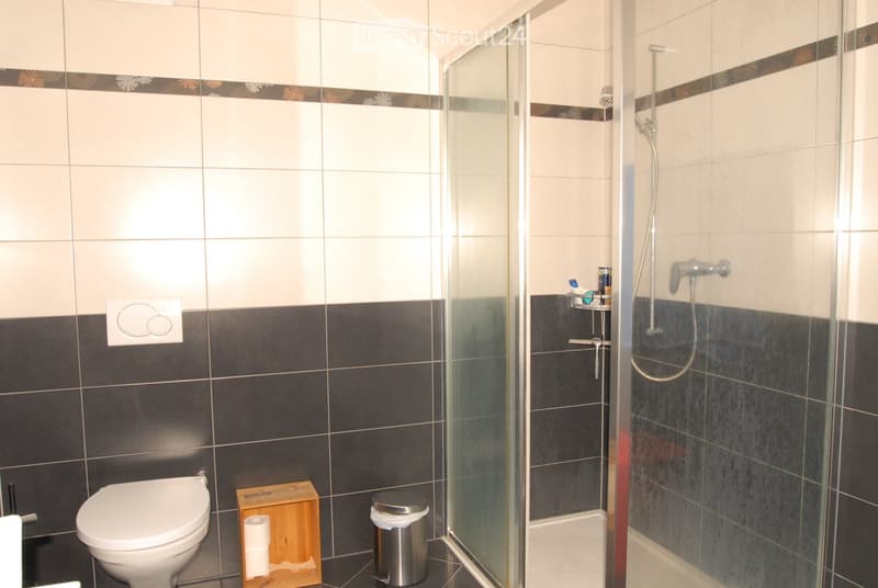 Modern bathroom with dark tiled walls, a glass-enclosed shower, a toilet, a wooden toilet paper holder, and a small trash bin.