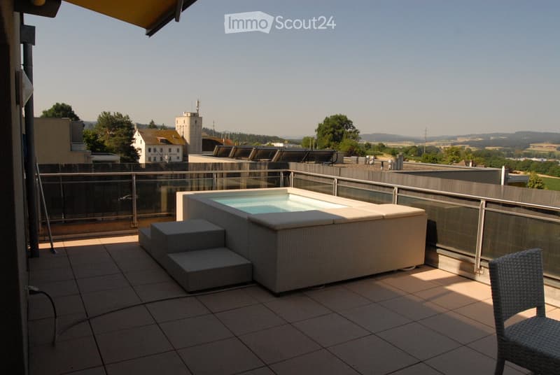 A modern rooftop terrace with a small swimming pool, surrounded by a glass railing, overlooking a scenic countryside view.