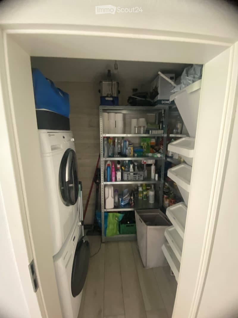 A narrow hallway leading to a laundry area with a washing machine, dryer, and shelving unit holding cleaning supplies and other items.