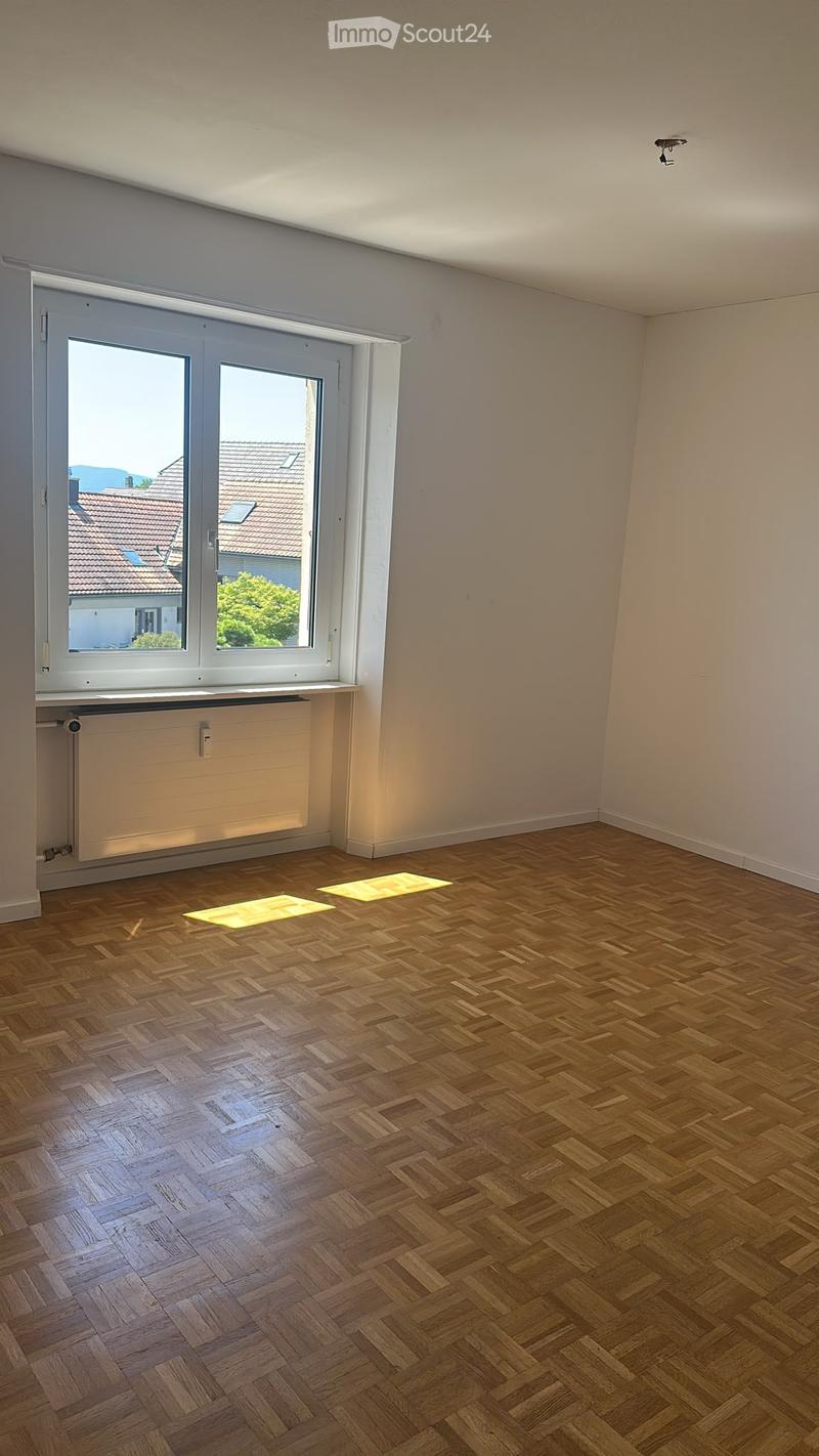 Empty room with wooden herringbone flooring, large window with white frame, radiator below window, and light-colored walls.