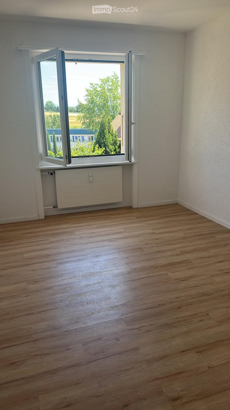 Empty room with wooden flooring, white walls, and a large window with a radiator below it.