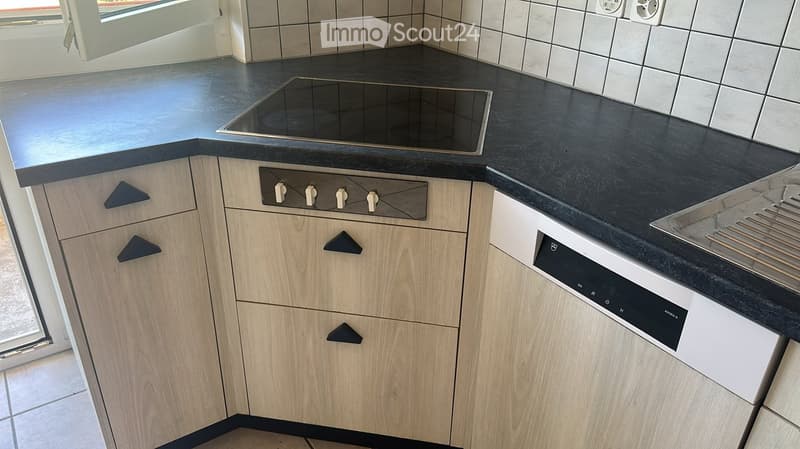 Modern kitchen with light wood cabinets, black countertop, induction stove, and built-in dishwasher.