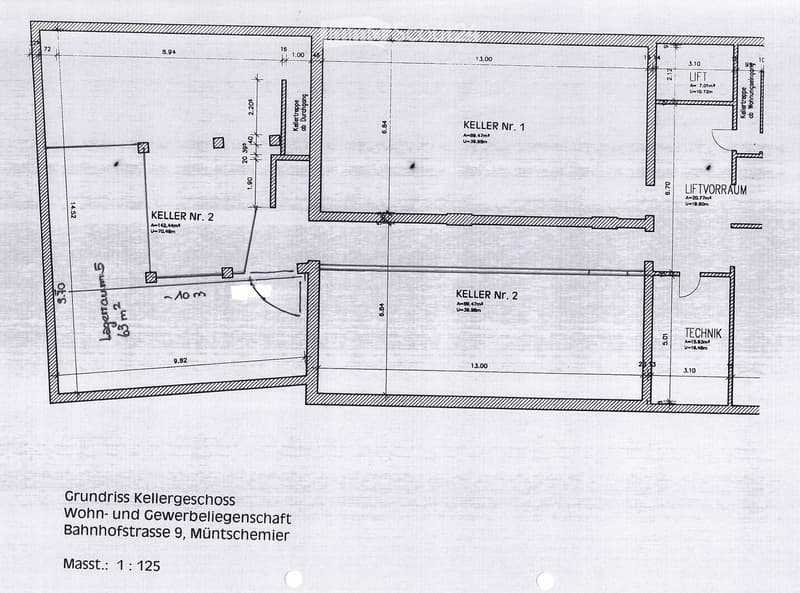 Floor plan of a basement level showing multiple rooms including Keller Nr. 1, Keller Nr. 2, Liftvorraum, and Technik area with dimensions and measurements.