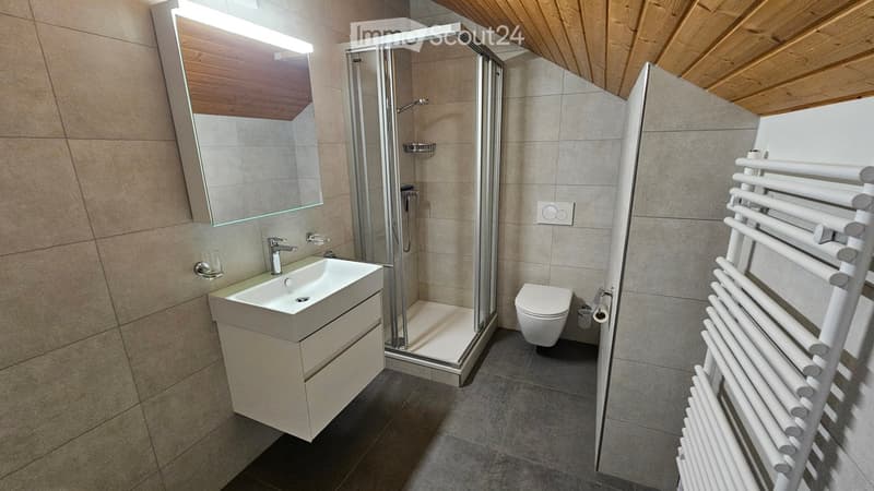 Modern bathroom with a white sink, mirror, toilet, glass-enclosed shower, and a white radiator. The walls are tiled in a neutral color, and the ceiling has wooden beams.