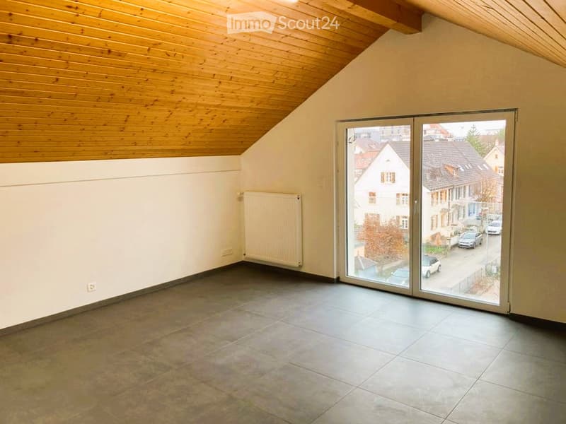 Empty room with wooden slanted ceiling, tiled floor, large sliding glass door leading to outdoor view, radiator, and electrical outlet visible.