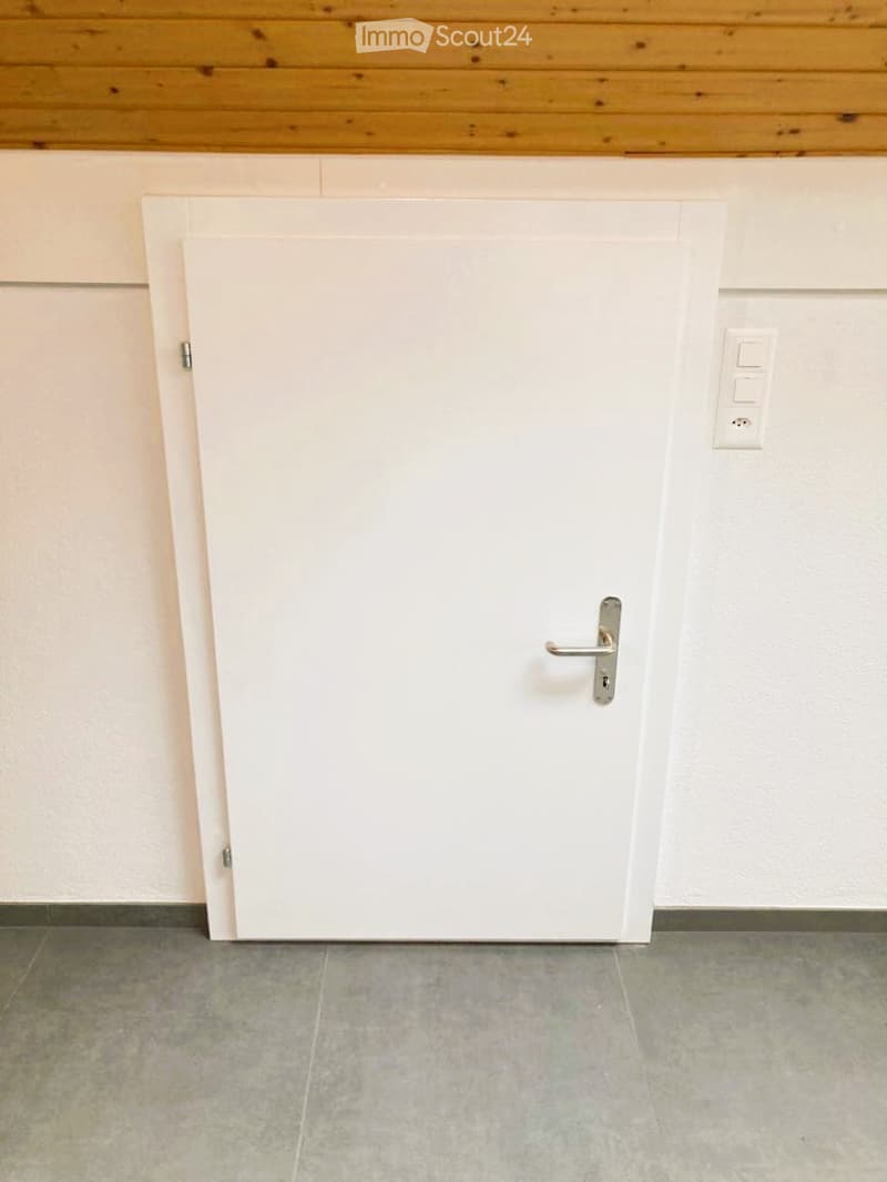 A simple hallway with a white door, light switch, and grey tiled floor.