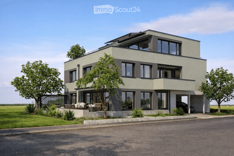 Modern two-story house with grey facade, large windows, and a flat roof. Features a garage and parking space.