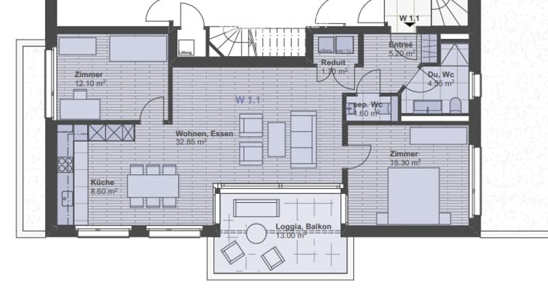 Floor plan of a 3-room apartment with living/dining area, kitchen, two bedrooms, bathroom, and balcony.