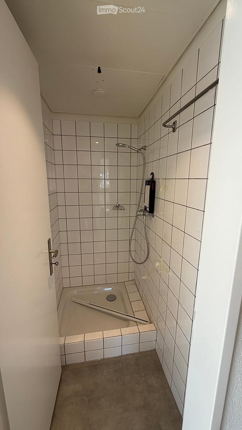 Modern bathroom with white tiled walls and floor, featuring a shower area with a handheld showerhead, a bathtub, and a towel rack.
