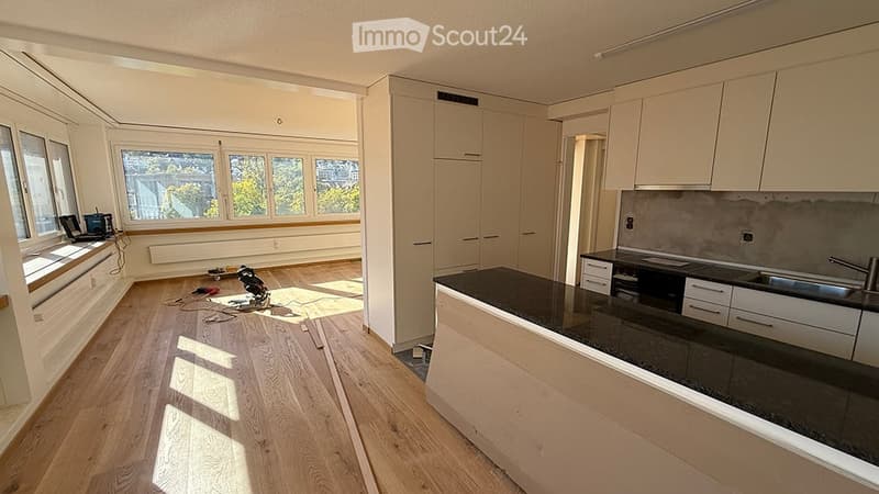 Bright, open-plan space with a wooden floor, large windows, and modern kitchen cabinets. A laptop is placed on a windowsill, and the kitchen area features a countertop, sink, and faucet.