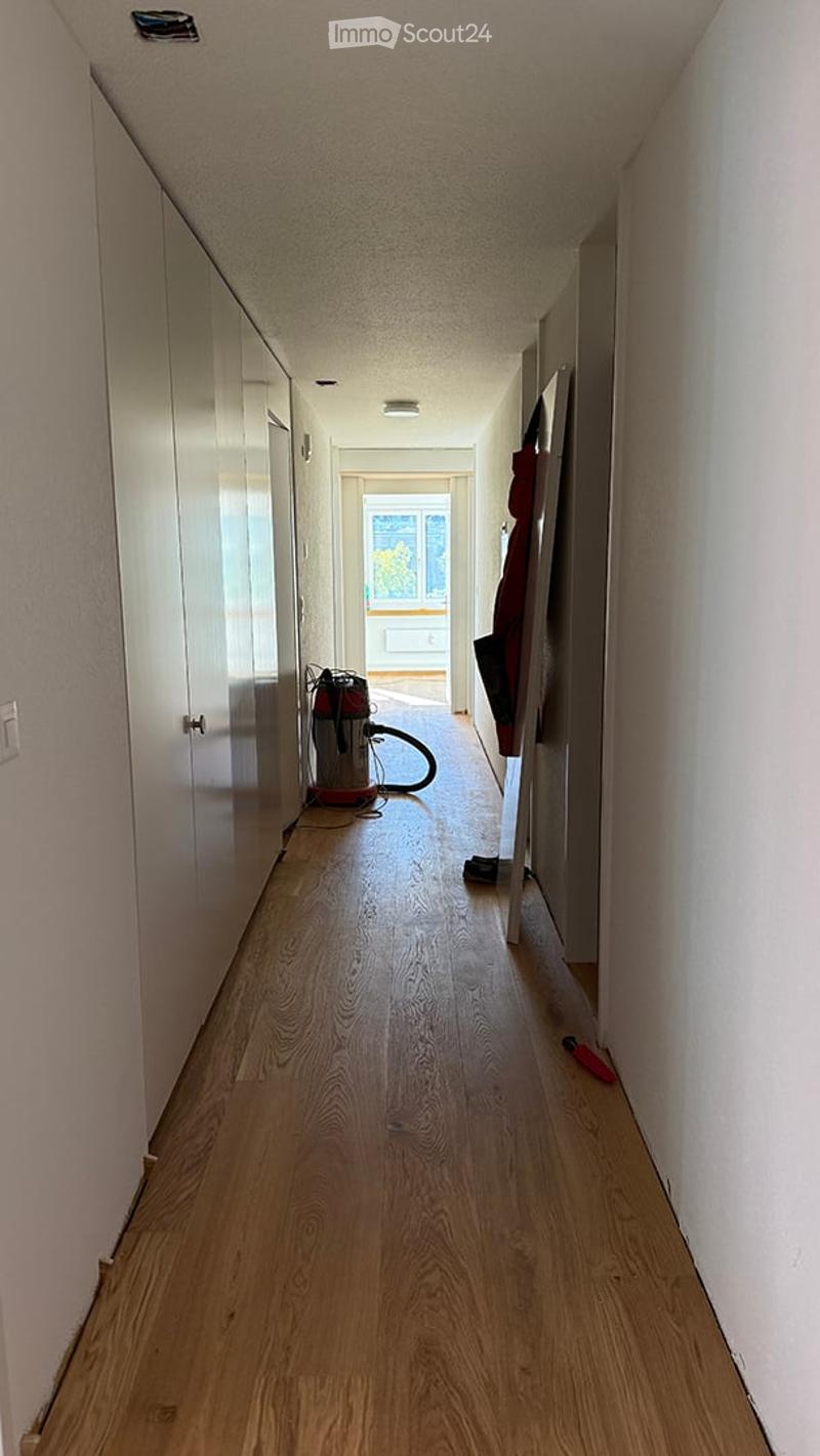 A narrow hallway with light wooden flooring, white walls, and built-in storage units on one side. A vacuum cleaner is placed on the floor, and a coat is hanging on the wall at the end of the hallway.